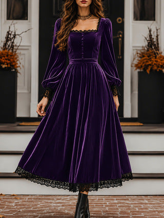 Peekaboo Studio Square-neck Velvet Dress with Lace Panels and Sleeves