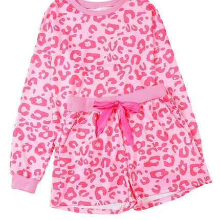 Chic Satin Pink Leopard Print Pajama Set with Bow and Shorts for Ultimate Comfort