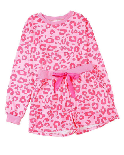 Chic Satin Pink Leopard Print Pajama Set with Bow and Shorts for Ultimate Comfort