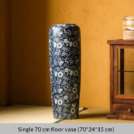 Blue And White Floor Vase Ceramic Tea Rooms Arrangement With Artificial Flowers