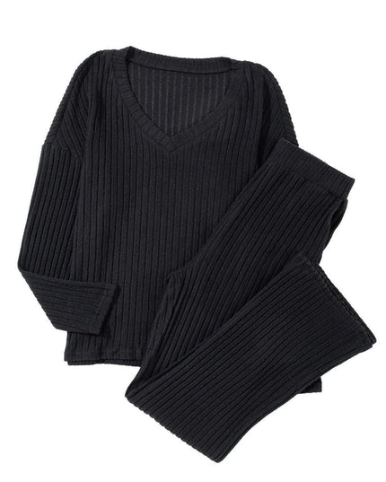 Elegant Black Ribbed V-Neck Lounge Set