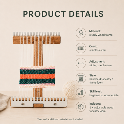 Adjustable Wood Tapestry Loom — Handheld Weaving Frame with Stainless Steel Comb Frame Hand Looms adjustable-tapestry-loom-sturdy-wood-diy-weaving-kit-handheld-weaving-frame-stainless-steel-comb-craft-tool-for-crafters Arts, Crafts & Sewing > Knitting & Crochet > Looms > Weaving Looms & Frames