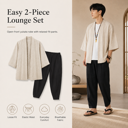 Elegant Cotton Linen Men's Yukata Kimono Robe - Chic Asian-Inspired Lounging Attire - Très Elite