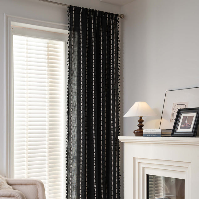Peekaboo Studio Black and White Jacquard Curtain Rod Set, Pocket Style