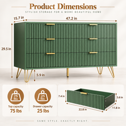 7-Drawer Wide Chest Dresser with Gold Pulls — 47.2” x 15.7” x 31.4”