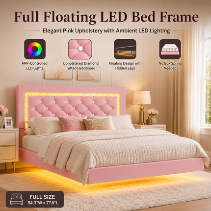 Full Floating Bed Frame with LED Lighting & Pink Diamond Headboard — No Box Spring Needed Platform Beds & Bed Frames full-floating-bed-frame-with-led-lights-pink-upholstered-diamond-headboard-no-box-spring-needed-noise-free-easy-assembly Furniture > Bedroom Furniture > Beds & Bed Frames