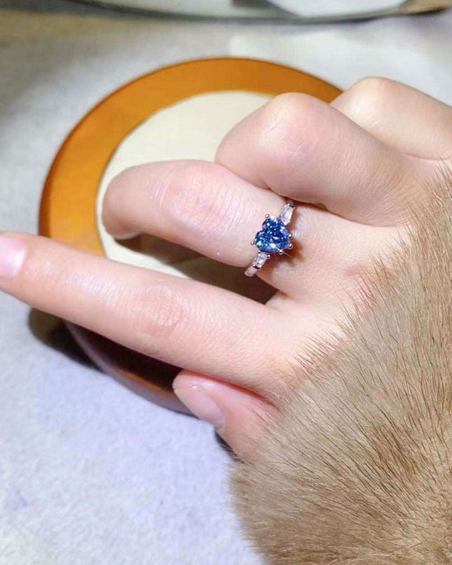 Heart-Cutting Blue Lab-Diamond Ring with Sparkling Zircon Accents in Premium Sterling Silver