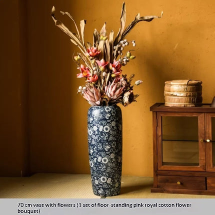 Blue And White Floor Vase Ceramic Tea Rooms Arrangement With Artificial Flowers