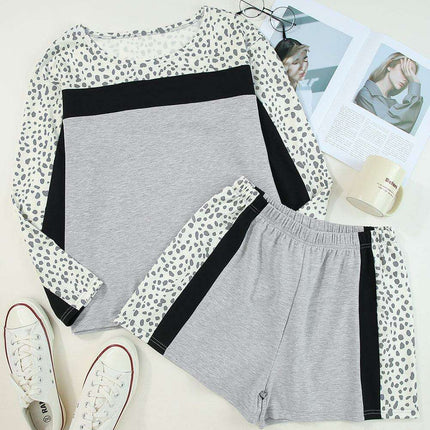 Chic Leopard Print Colorblock Lounge Set - Cozy Pullover and Shorts Ensemble