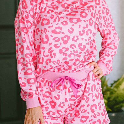 Chic Satin Pink Leopard Print Pajama Set with Bow and Shorts for Ultimate Comfort