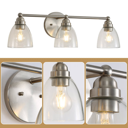Room & Decor Modern 3-Light Brushed Nickel Vanity Light with Clear Gla