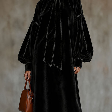 Peekaboo Studio High-Neck Velvet Dress with Bow & Elegant Design