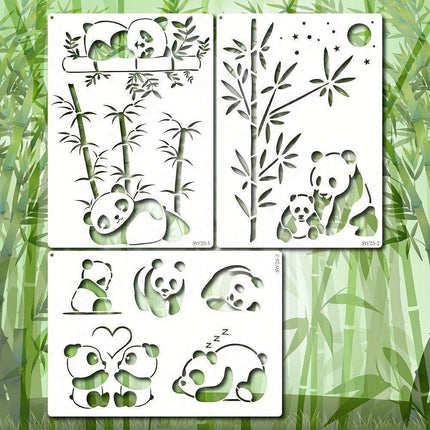 Panda Paradise Stencil Trio - A4 Templates for Creative Painting, Woodburning, and DIY Crafts with Bamboo Accents