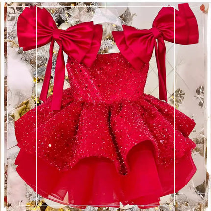Peekaboo Studio Girl's Red Tulle Princess Dress with Sequined Bow