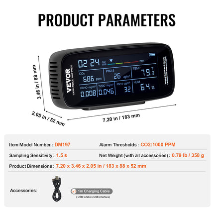 VEVOR Air Quality Monitor 9-IN-1 — CO2, PM2.5, TVOC, Humidity & Temperature
