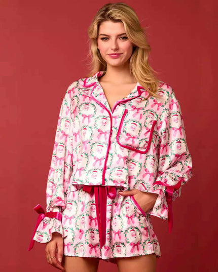 2 Pcs Women's Christmas Pajama Set Santa Tree Print Lapel Neck Button-up Long Sleeve Tops Shorts Loungewear Outfit