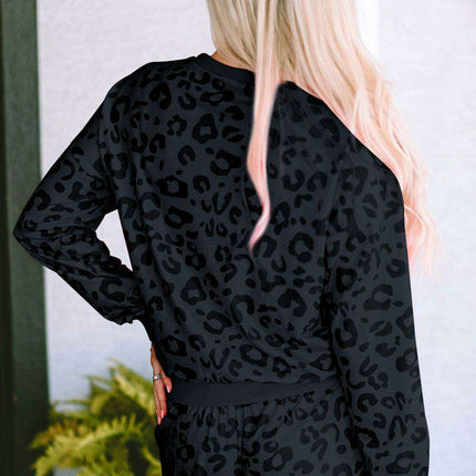 Chic Gray Leopard Satin Lounge Ensemble: Comfortable Two-Piece Homewear for Stylish Relaxation