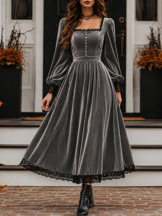 Peekaboo Studio Square-neck Velvet Dress with Lace Panels and Sleeves