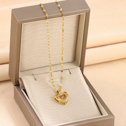 Double-layer Love Necklace With Rhinestones Titanium Steel Pendant Fas