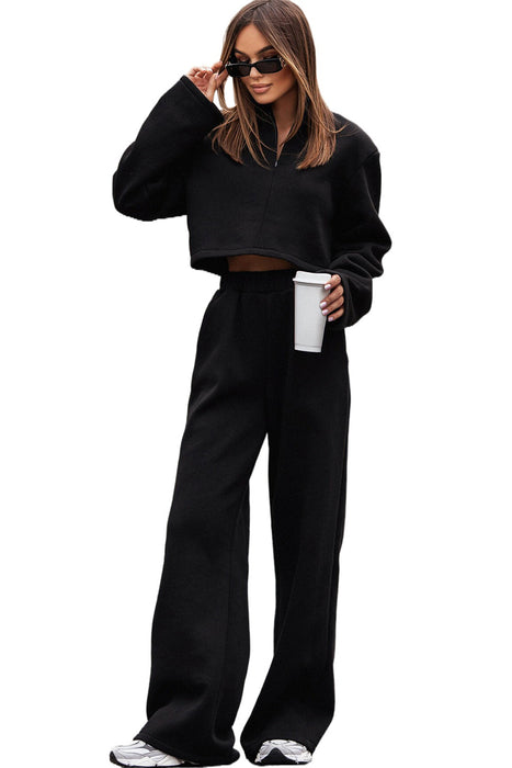Elegant Black Zip-Up Crop Top and Wide-Leg Pants Set