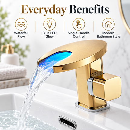 Waterfall LED Basin Faucet with Colour-Changing Temperature Display