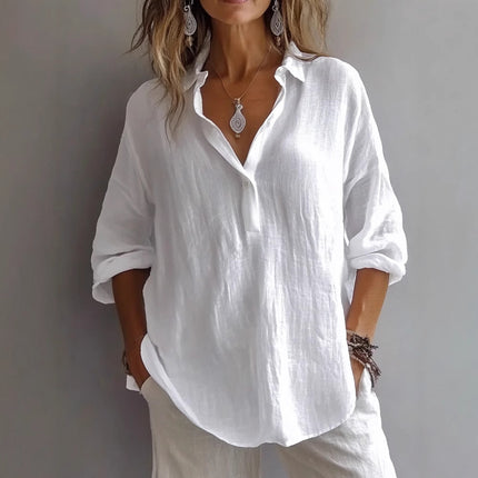 Women's Casual Long-Sleeved Lapel Pullover Shirt — Loose Fit, 3/4 Sleeve