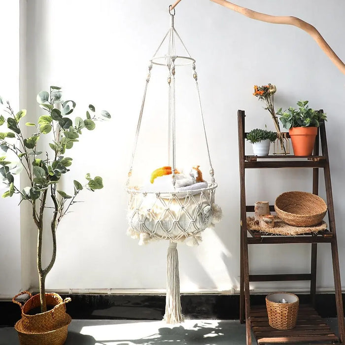 Spacious Macrame Pet Hammock - Stylish Hanging Swing Bed for Cats and Dogs, Cozy Home Accessory, Perfect Gift for Furry Friends