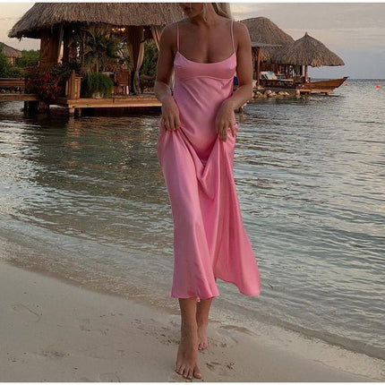 Women Camis Satin Long Dresses Elegant Sleeveless Slip Holiday Party D
