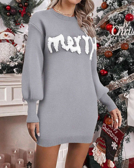 Women's Knitted Round Neck Lantern Sleeve Pullover Sweat Dress