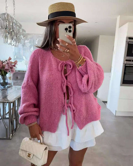 2024 Casual Knitted Bow Lace Up Cardigan Women Solid O-neck Short Sleeve Hollow Out Sweater Female Autumn Lady Solid Streetwear