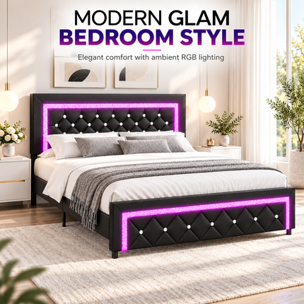 Shop1105673279 Queen Bed Frame, Upholstered, LED Lights, No Box Spring Platform Beds & Bed Frames queen-bed-frame-with-led-lights-upholstered-platform-bed-diamond-tufted-headboard-no-box-spring-needed-black