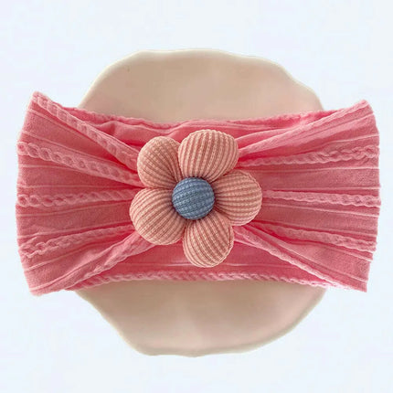 Flower-Embellished Nylon Hairband for Girls - Soft Elastic Turban Headwear for Newborns and Kids