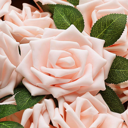 AliKopy 24 Blush Foam Roses - 5" with Stem Wire & Realistic Leaves
