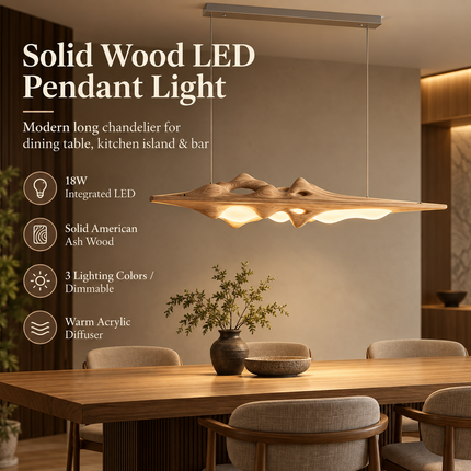 Solid Wood LED Pendant Light – Modern Long Chandelier for Dining Table, Kitchen Island & Bar