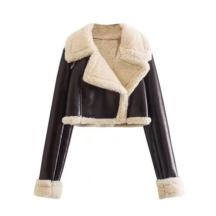 Women's Cropped Biker-Style Jacket with Cream Trim