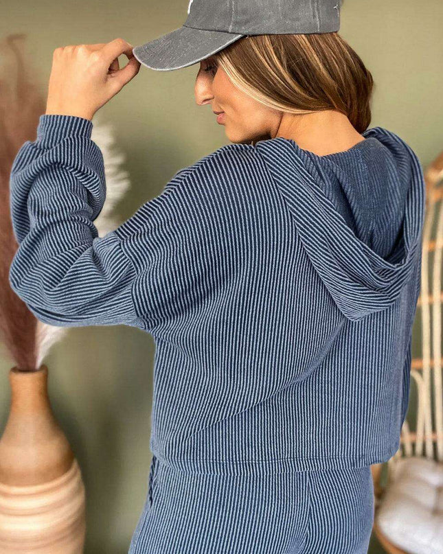 Trendy Blue Ribbed Lounge Set: Stylish Hoodie and Pants Duo for Everyday Comfort