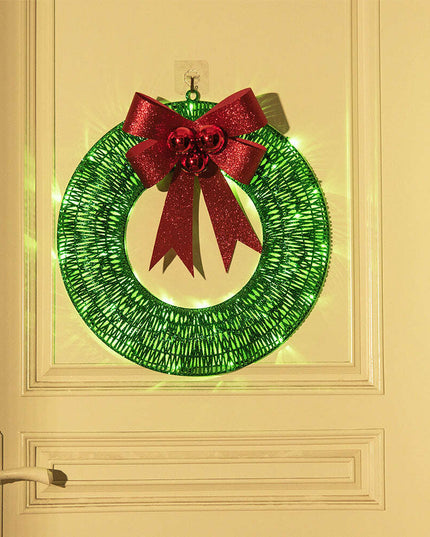 Christmas Garland 50CM Luminous LED Warm Light Metal Luminous Wreath With Big Bowknot Christmas Front Door Home Holiday Party Door Hanging Decor