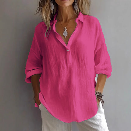 Women's Casual Long-Sleeved Lapel Pullover Shirt — Loose Fit, 3/4 Sleeve