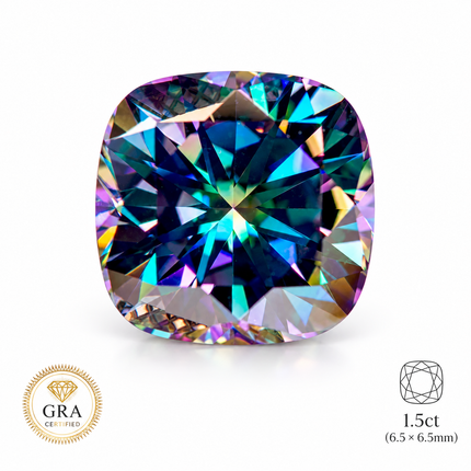 Rainbow Green Moissanite Cushion Cut Gemstone with GRA Certificate