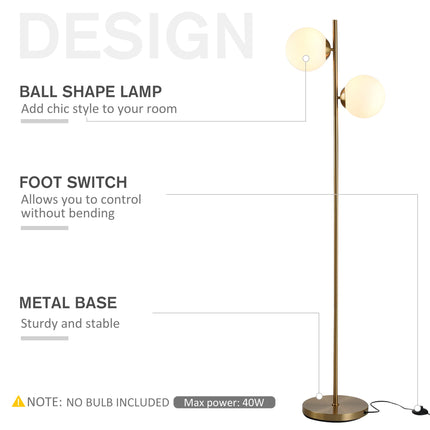 Homcom Modern Floor Lamp with 2 Glass Shades, White Gold Metal Design