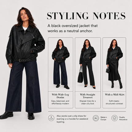 Oversized Faux Leather Jacket — High Collar, Full Zip & Adjustable Belt Coats & Jackets jacket-57 Clothing > Women's Clothing > Outerwear > Jackets & Coats > Faux Leather Jackets