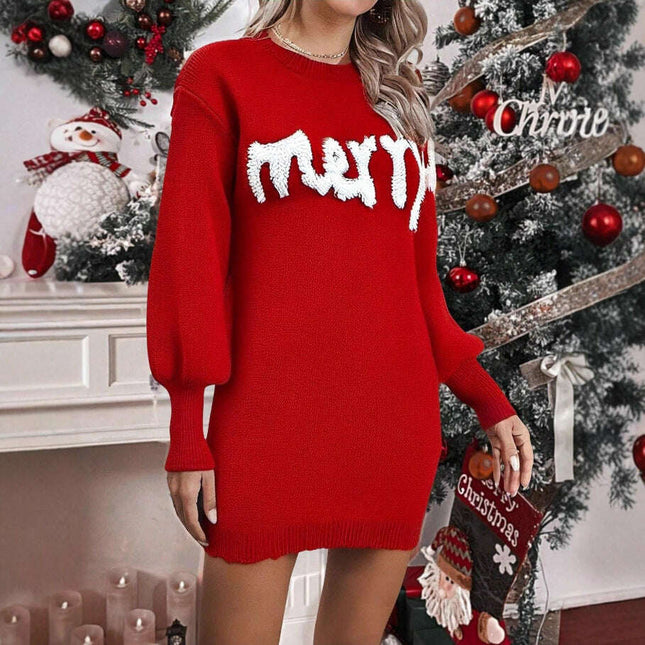 Women's Knitted Round Neck Lantern Sleeve Pullover Sweat Dress