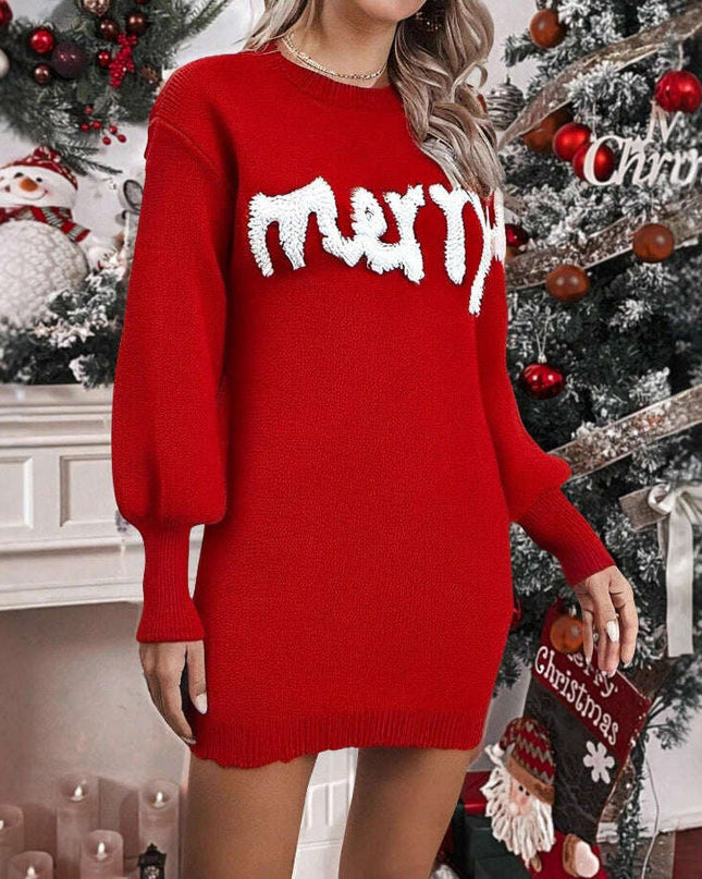 Women's Knitted Round Neck Lantern Sleeve Pullover Sweat Dress