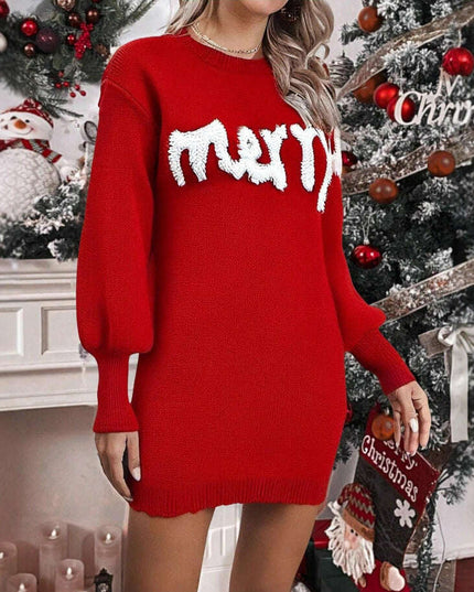Women's Knitted Round Neck Lantern Sleeve Pullover Sweat Dress