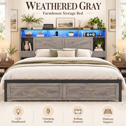 Farmhouse King Bed Frame with LED Headboard, 4-Drawer Storage & Charging Station Platform Beds & Bed Frames king-bed-frame-with-led-lights-storage-drawers-charging-station-farmhouse-style-no-box-spring-needed Furniture > Bedroom Furniture > Beds & Bed Frames
