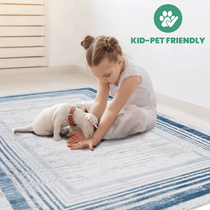 Room & Decor Blue Ivory Bordered Area Rug - Non-Shedding & Stain Resis