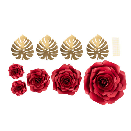 AliKopy Set of 9 Red 3D Rose Paper Flowers with Gold Leaves, Wall Deco