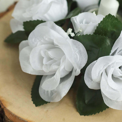 AliKopy 4 Pack 3" White Silk Rose Flower Candle Rings - Elegant Decor