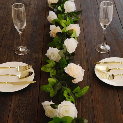 AliKopy 2 Pack 7ft Ivory Silk Flower Garland - Mini Rose Vines, 26 Hea