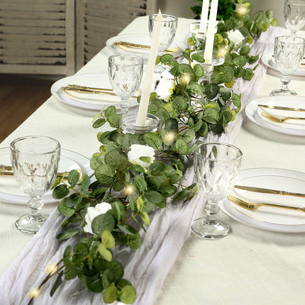 AliKopy 6ft Lighted Eucalyptus Garland with Ivory Roses & Fairy Lights